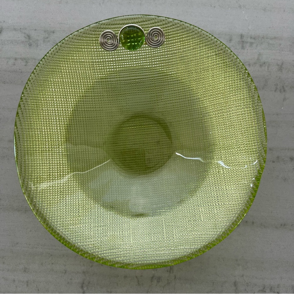 Vtg 7" Green Glass Cross-Hatch Design Decorative Bowl  IVV Italy
